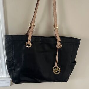 Michael Kors Black Leather Tote with Beige Straps and Gold Hardware